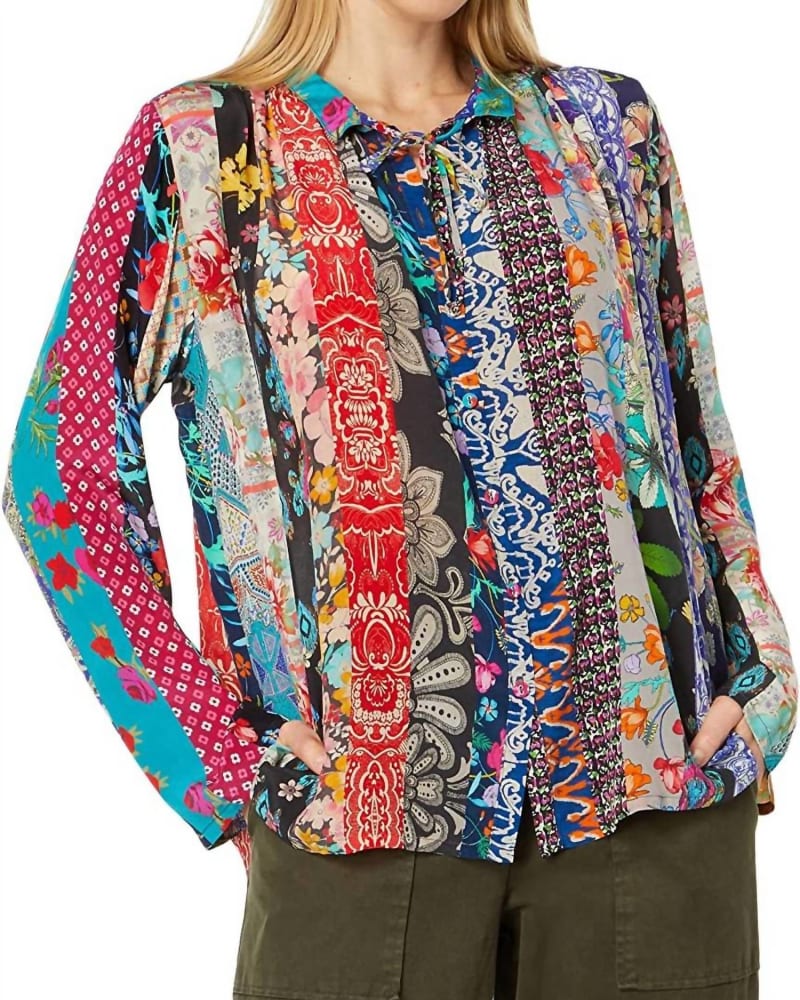 Front of a model wearing a size L Treble Sofia Button Up Silk Blouse in Multi in Multi by Johnny Was. | dia_product_style_image_id:340956